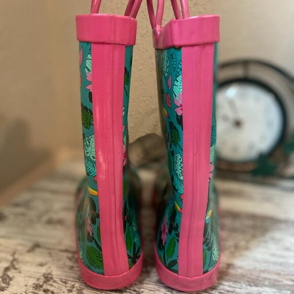 Lone Cone Tropical Toucans Pink and Green Children's Rainboots 3 - Picture 2 of 6